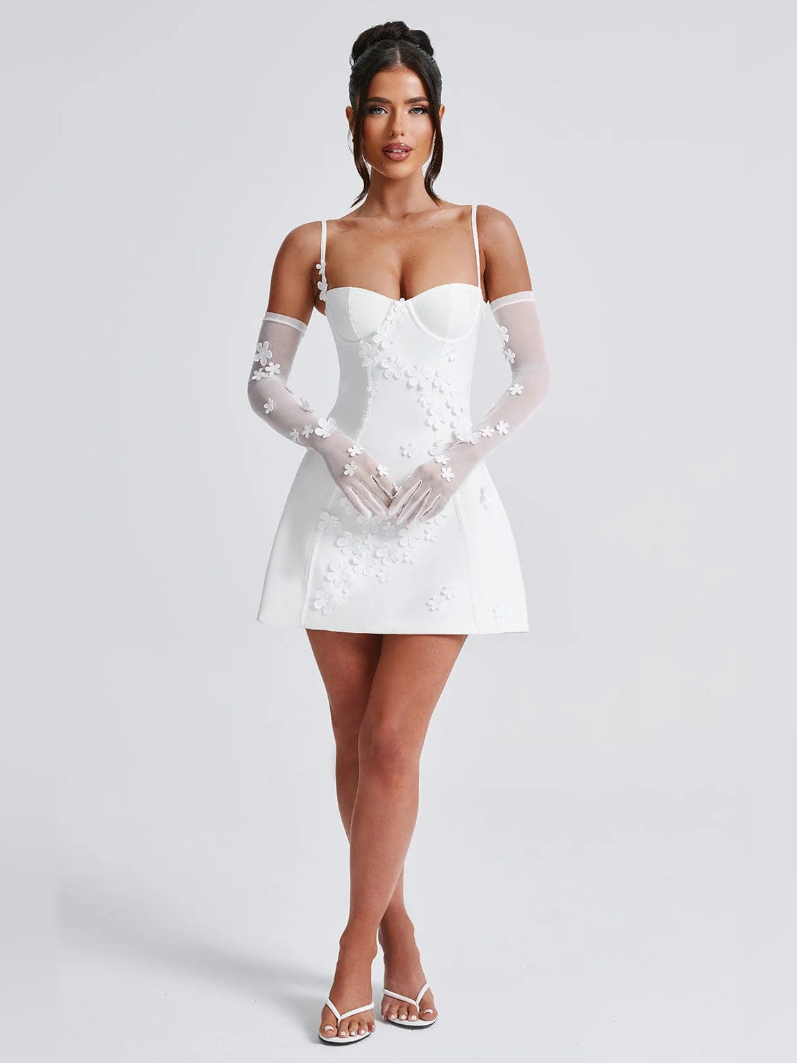 Ivory mini homecoming dress, alternate view showing the dress shape and hem