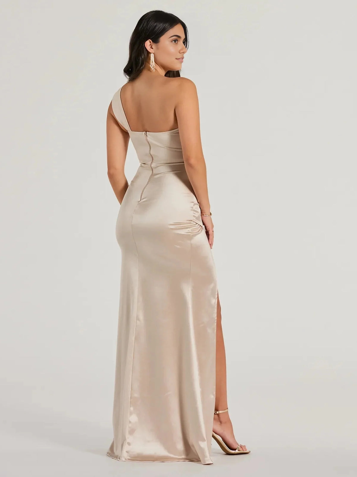 Champagne maxi prom dress, alternate view showing the dress shape and hem