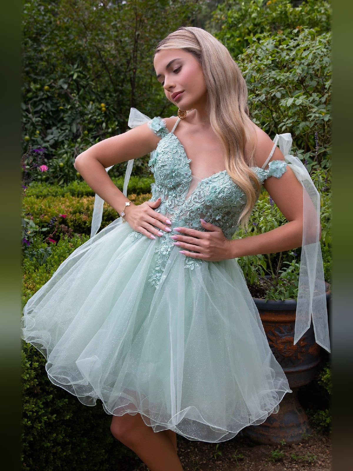 Mist Blue short homecoming dress, alternate view showing the dress shape and hem
