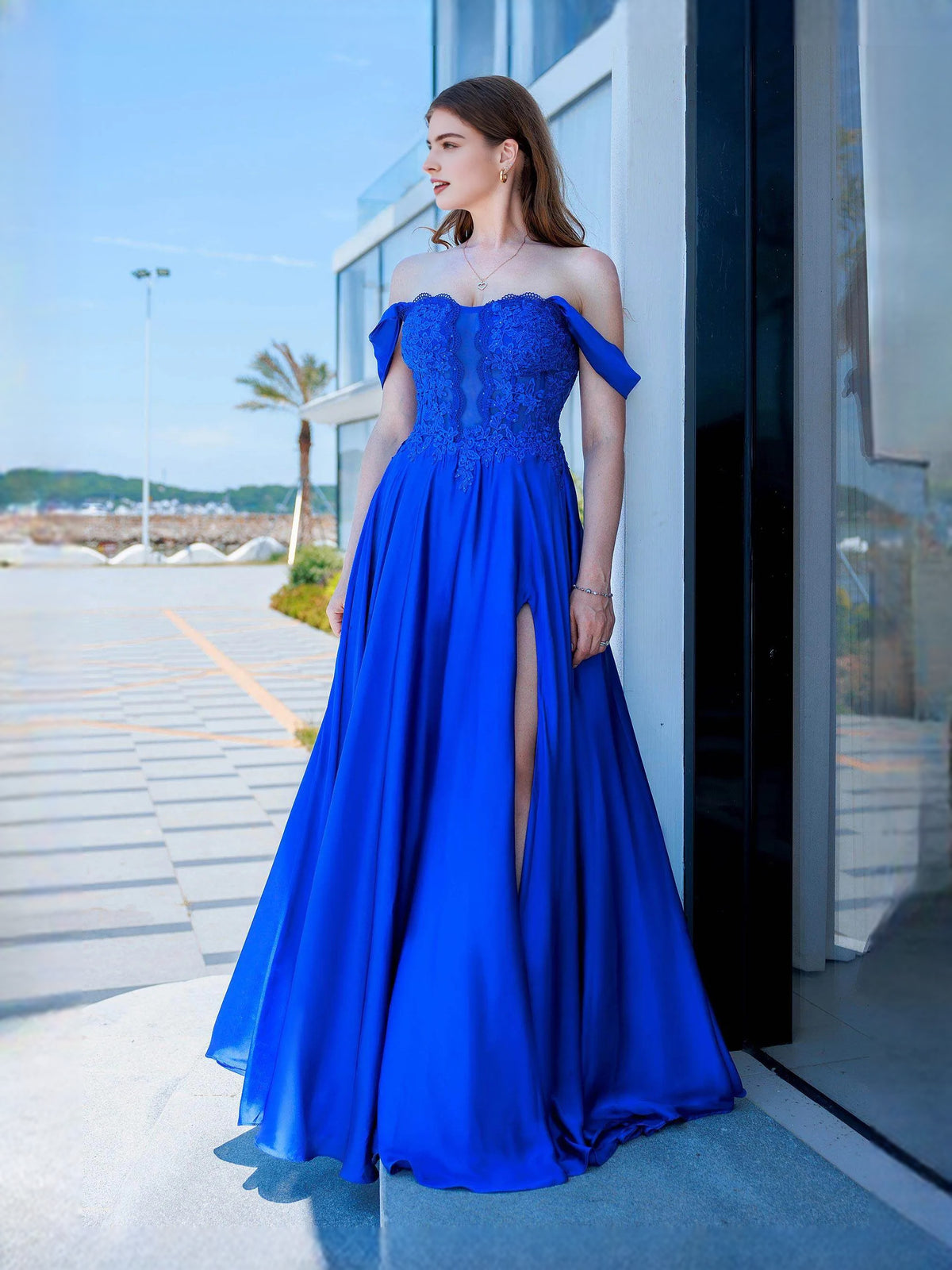 Cobalt Blue floor-length prom dress, alternate view showing the dress shape and hem