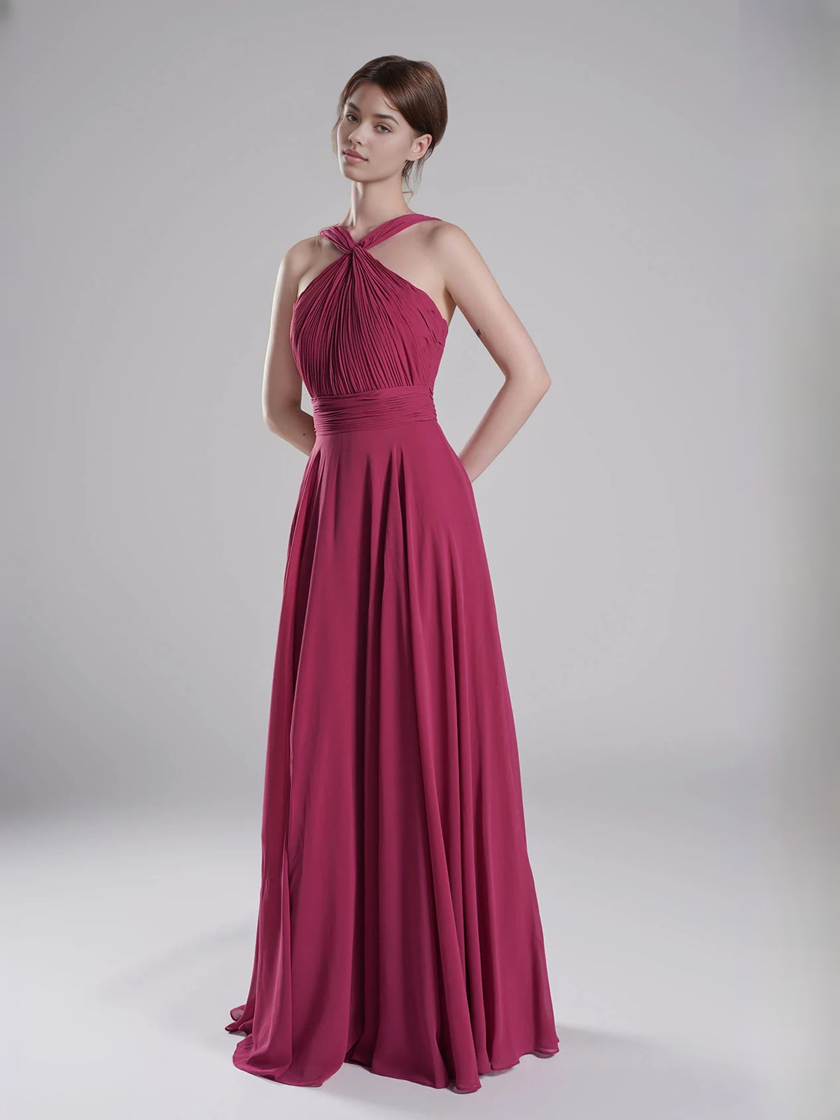 Fuchsia floor-length bridesmaid dress, alternate view showing the dress shape and hem