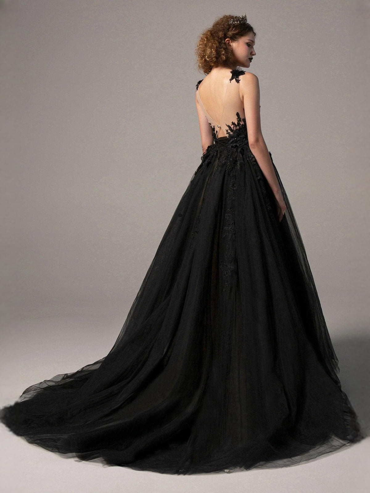 Black floor-length wedding dress, alternate view showing the dress shape and hem