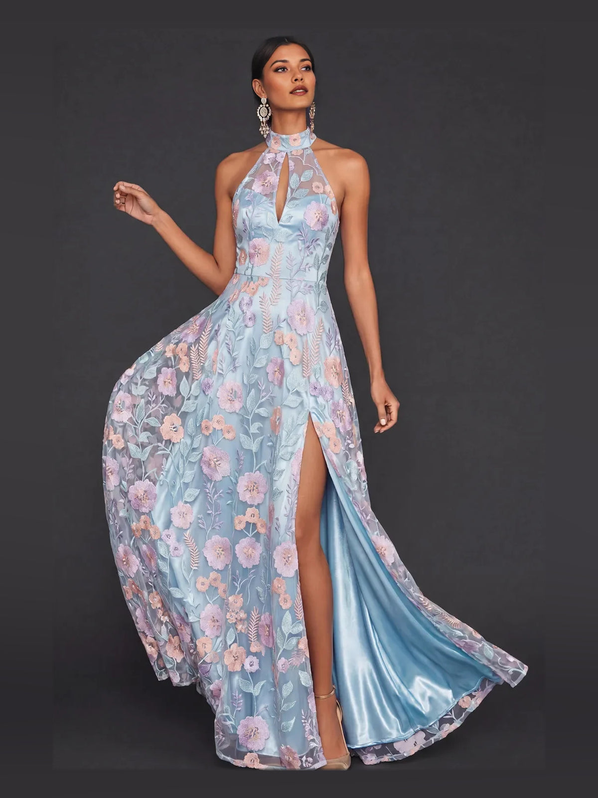 Light Blue maxi prom dress, alternate view showing the dress shape and hem