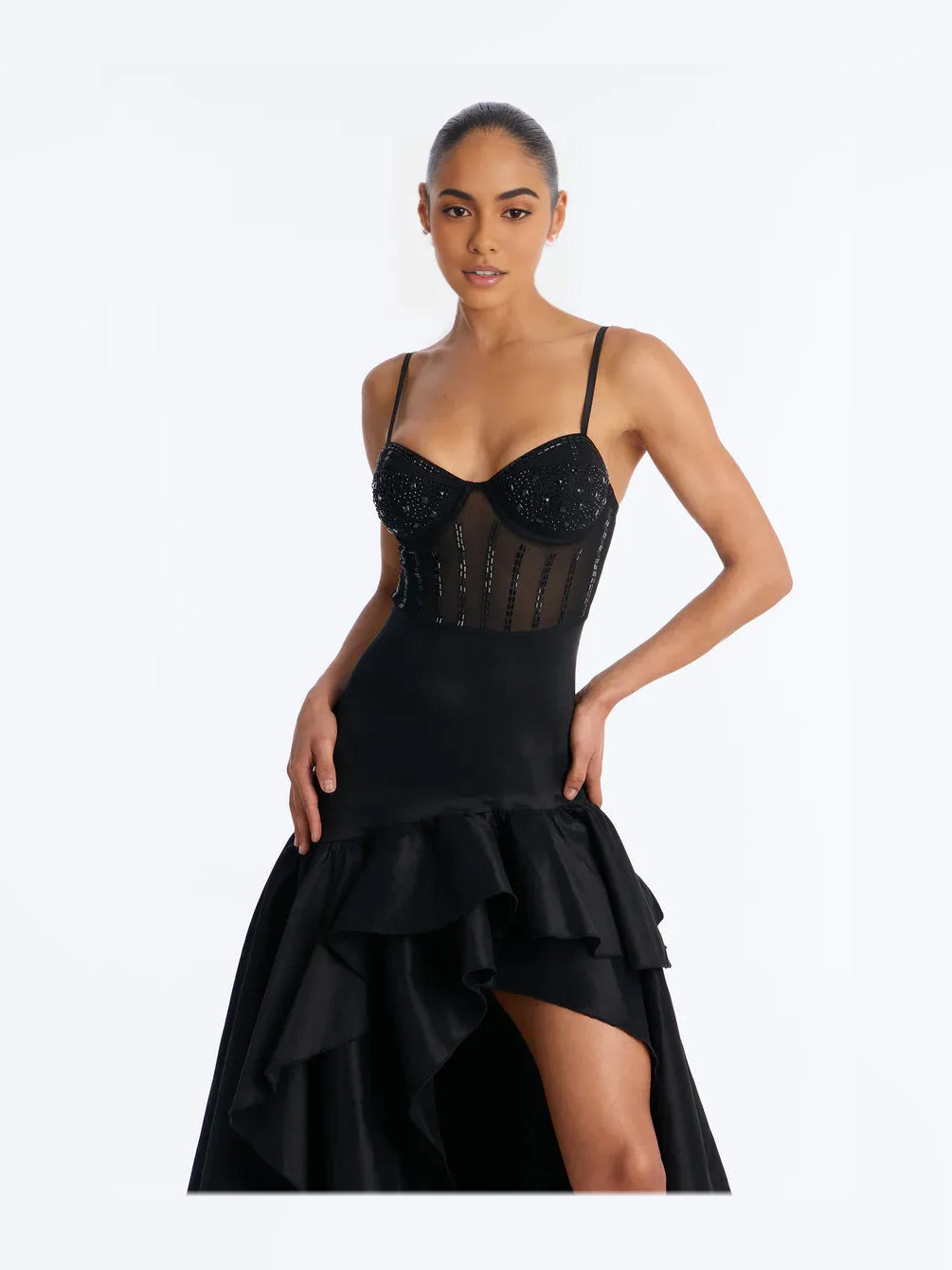 Black high-low prom dress, alternate view showing the dress shape and hem
