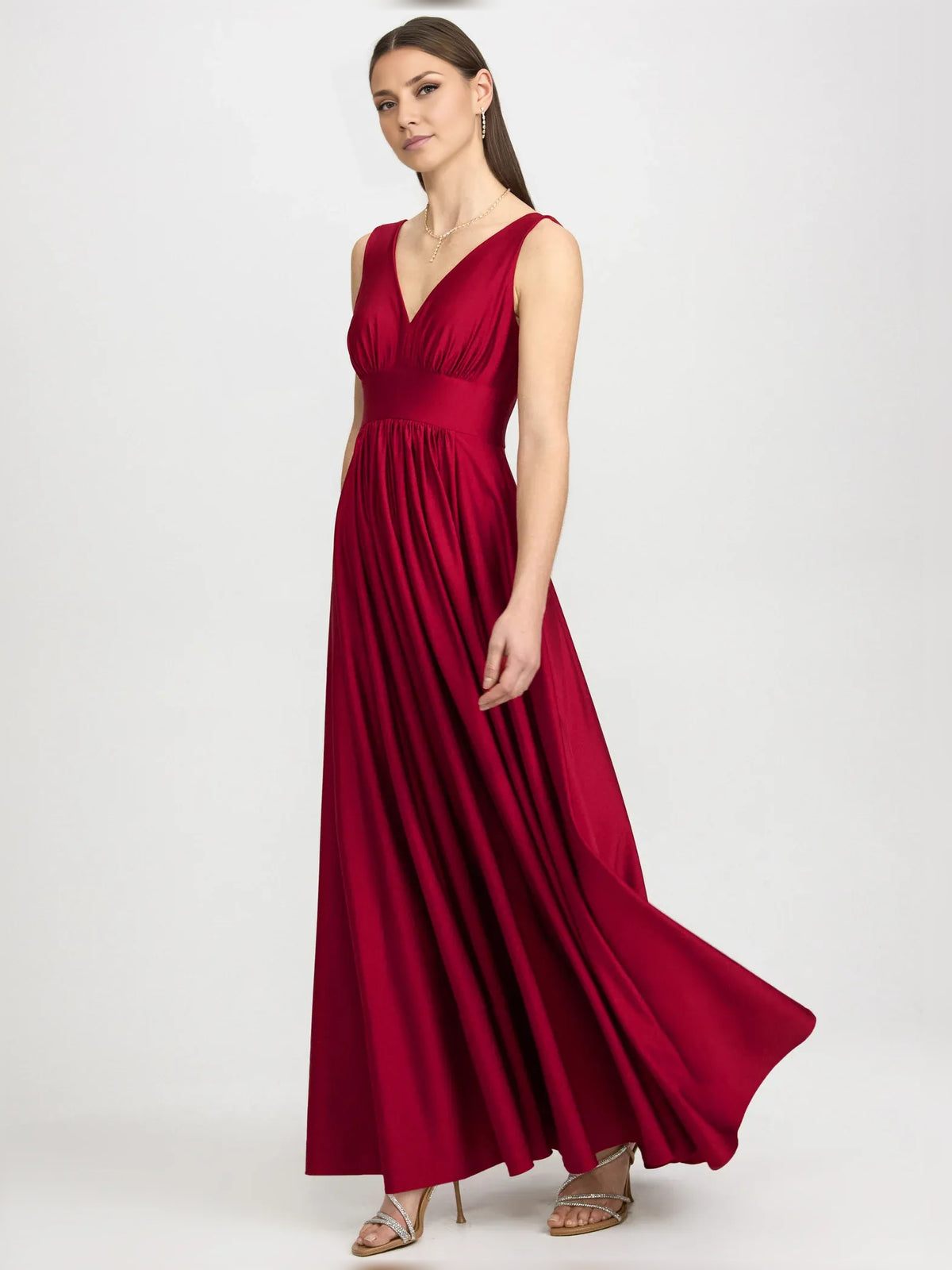 Red a-line floor-length formal dress with ruching, alternate view