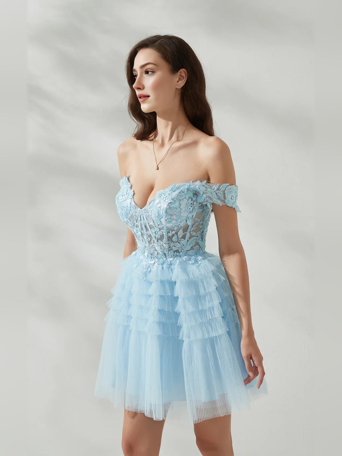 Baby Blue mini homecoming dress, alternate view showing the dress shape and hem