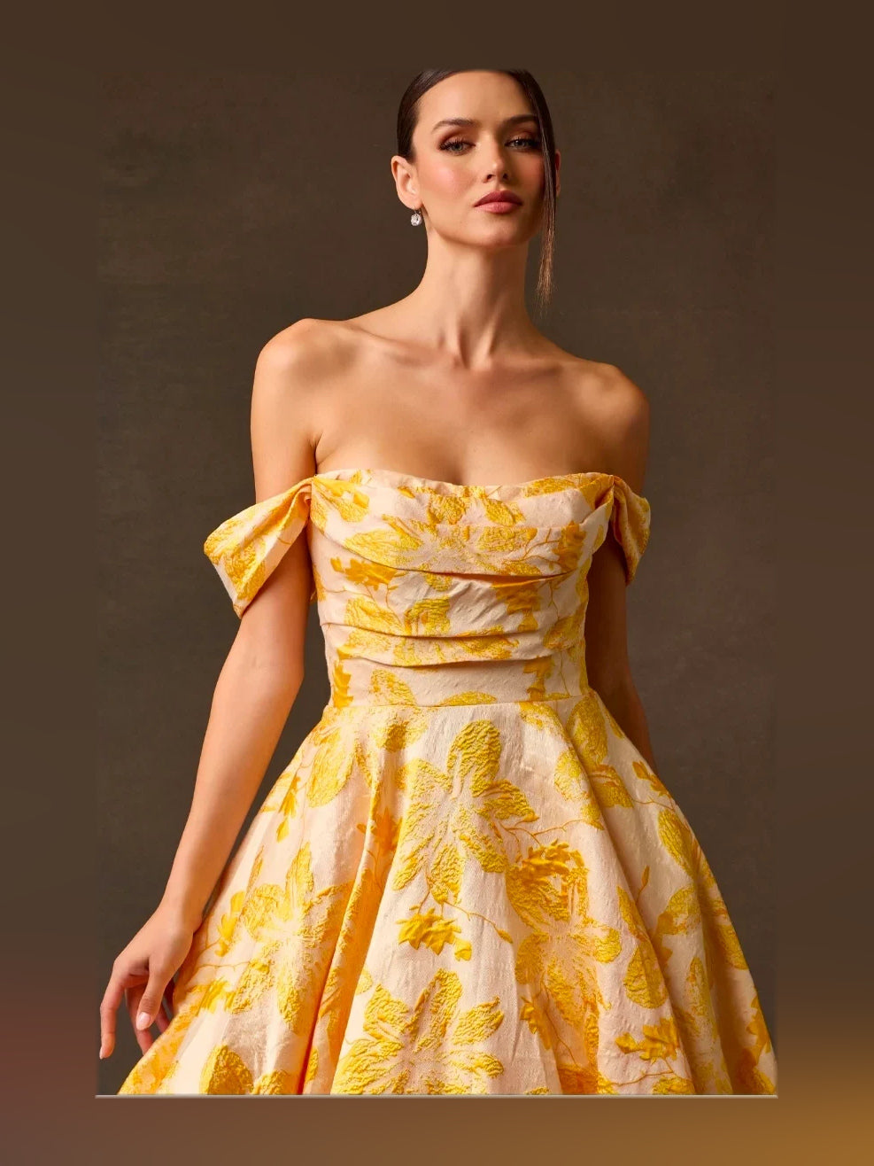 Yellow maxi prom dress, alternate view showing the dress shape and hem