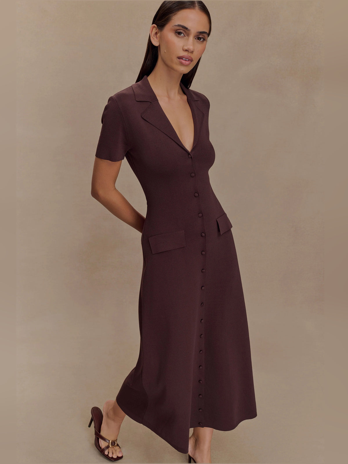 Chocolate midi formal dress, alternate view showing the bodice