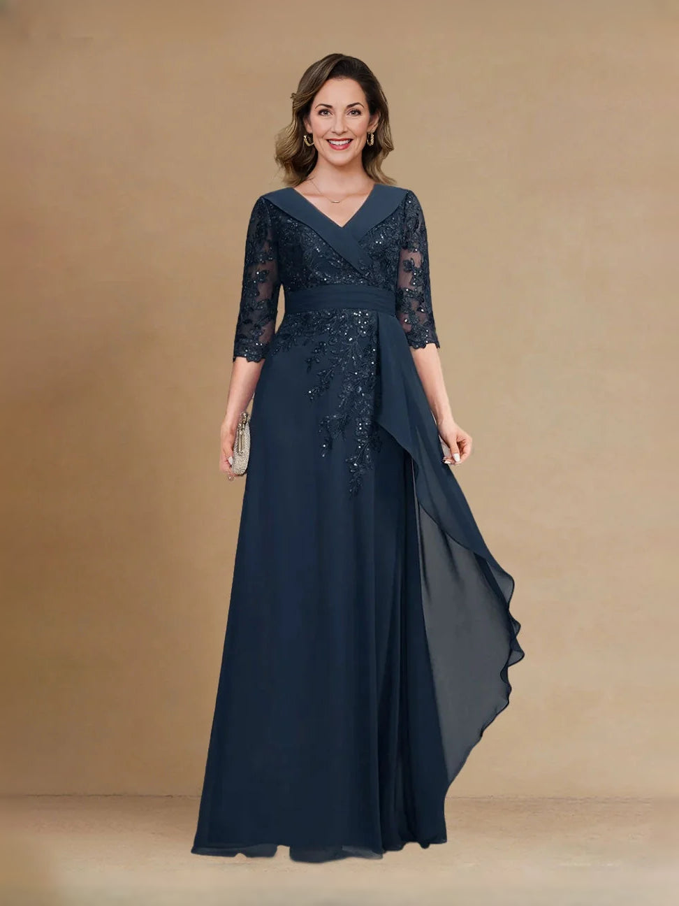 Dark Blue floor-length mother of the bride dress, alternate view showing the dress shape and hem