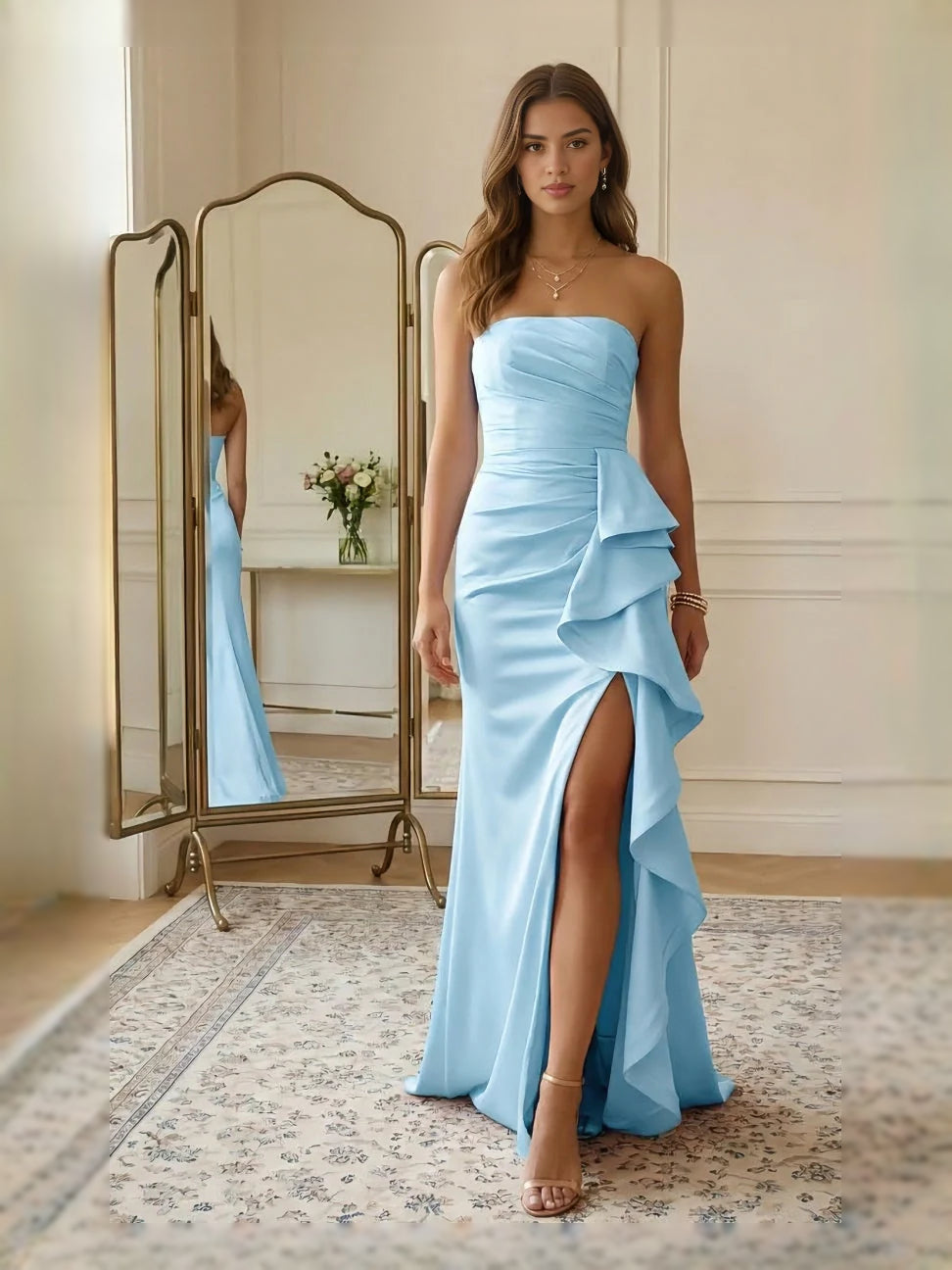 Sky Blue maxi prom dress, alternate view showing the dress shape and hem