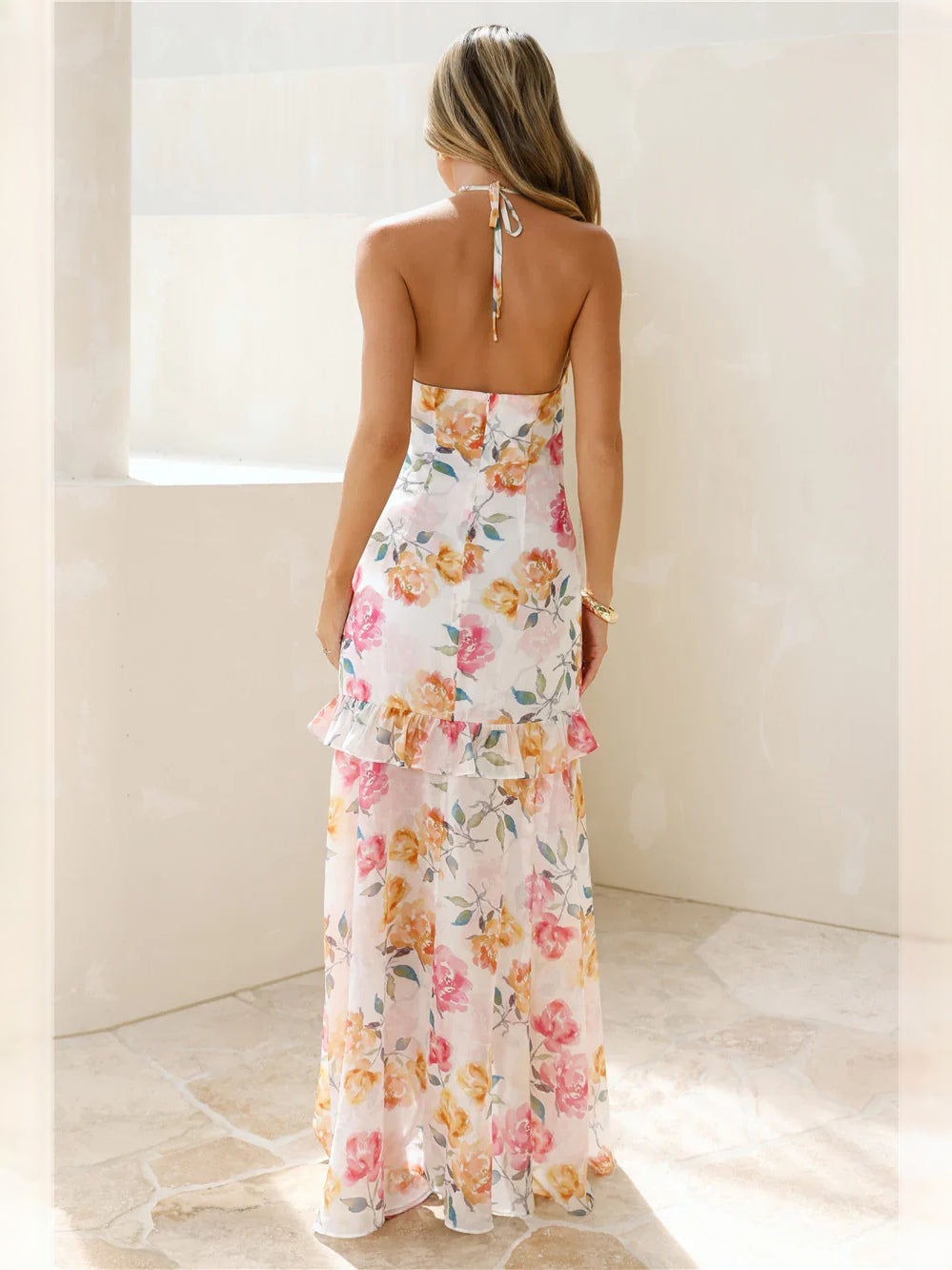 Floral maxi prom dress, alternate view showing the dress shape and hem