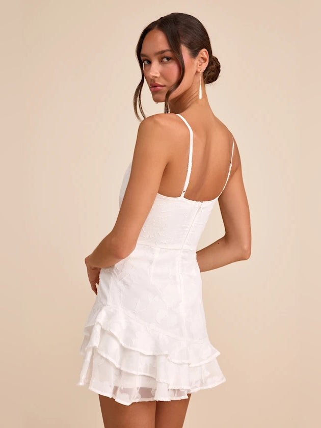 White Floral mini homecoming dress, alternate view showing the dress shape and hem