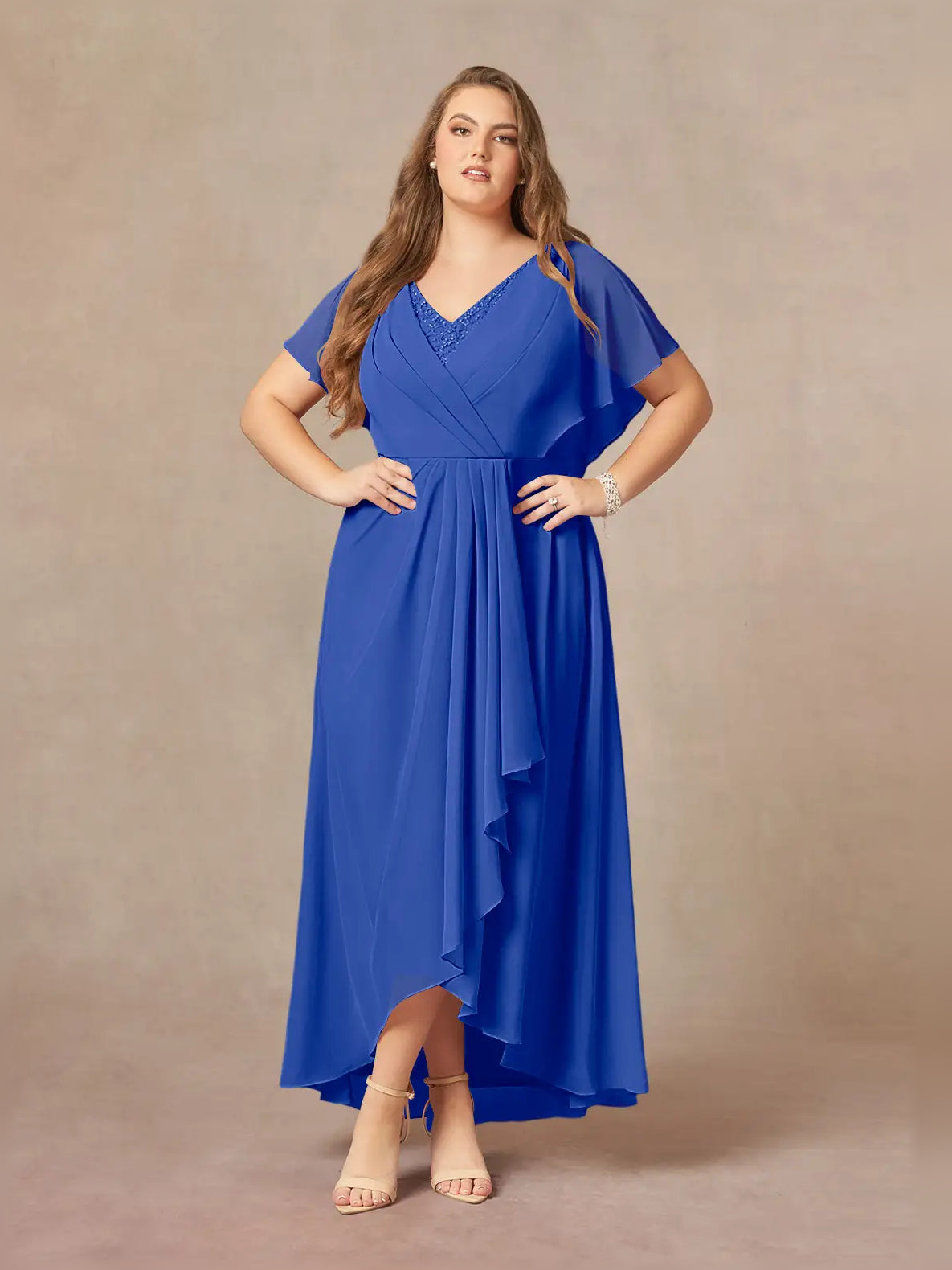 Royal Blue high-low mother of the bride dress, alternate view showing the dress shape and hem