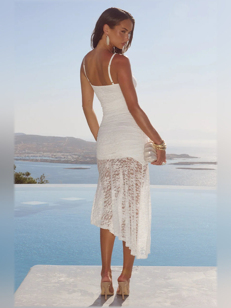 WHITE midi formal dress with ruching, alternate view showing the bodice