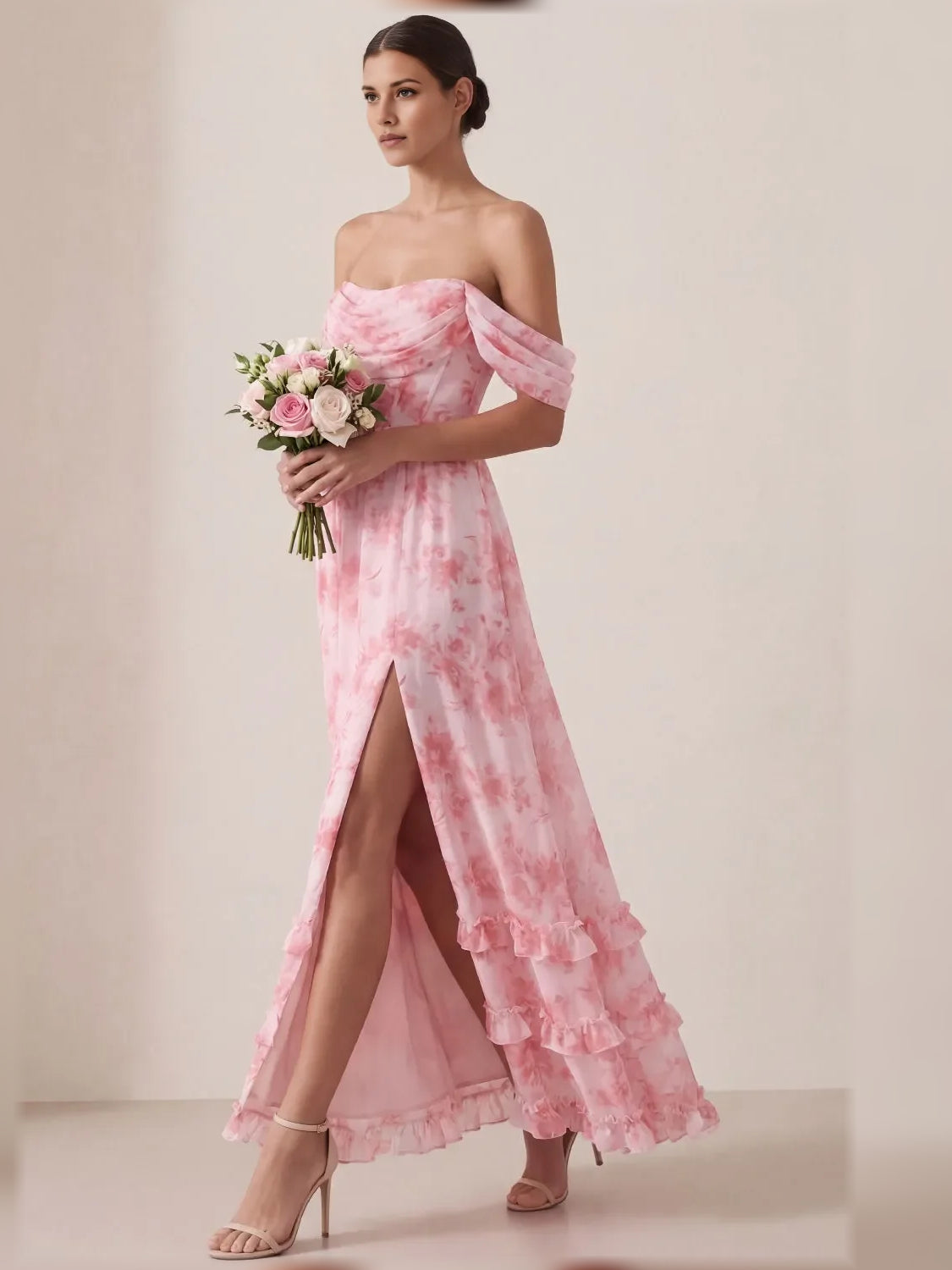 Floral a-line maxi formal dress with ruffle details, alternate view
