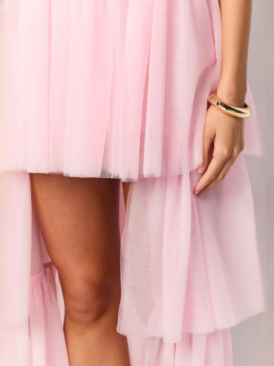Pink high-low prom dress, alternate view showing the dress shape and hem