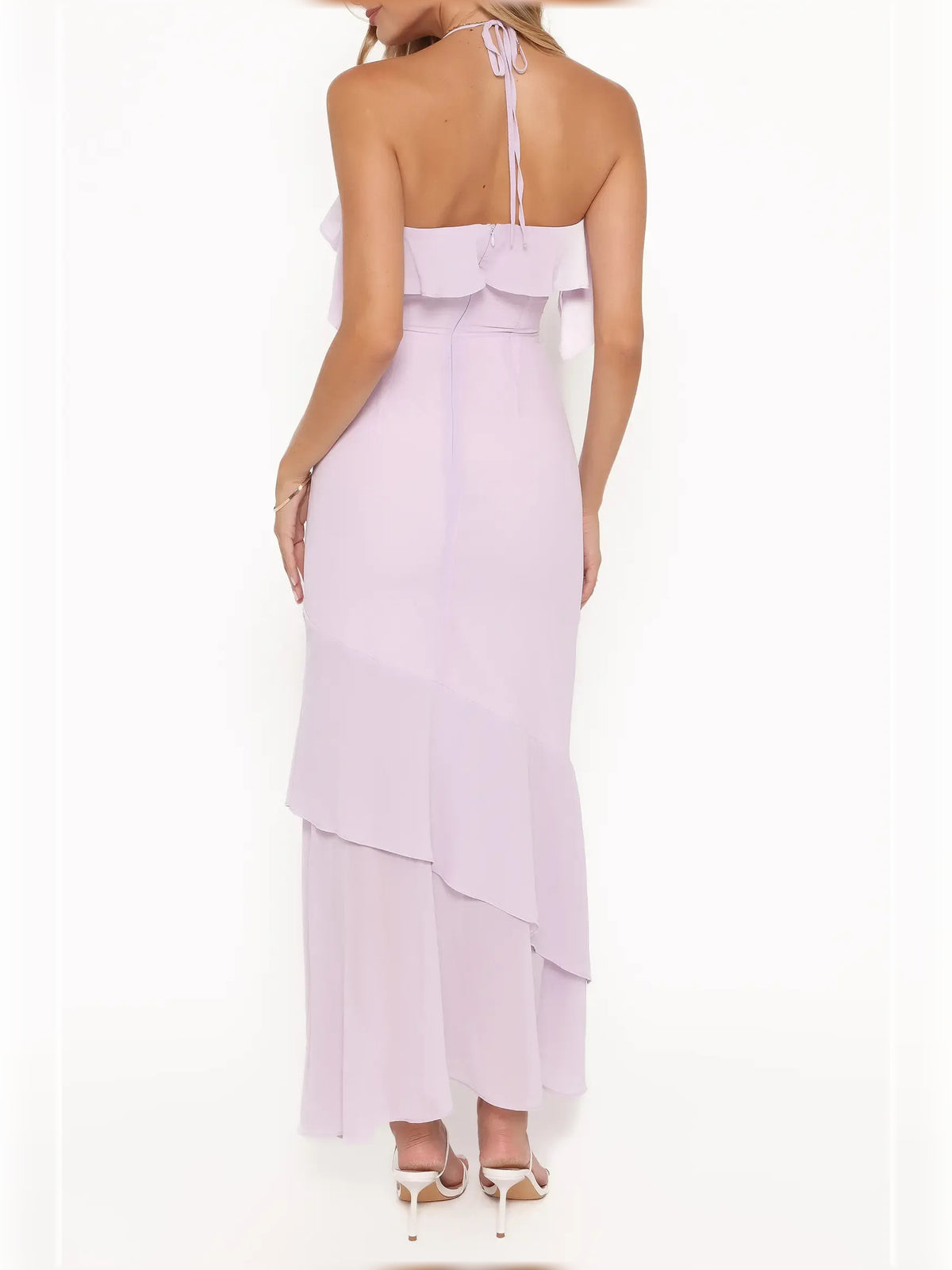 Lilac sheath midi formal dress with tiered skirt, alternate view