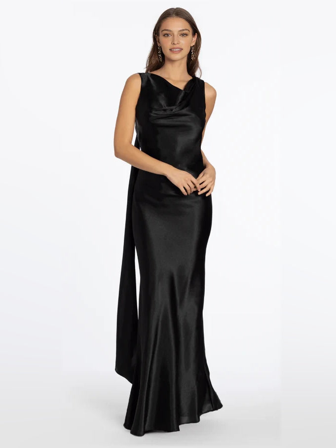 Black mermaid floor-length formal dress with ruching, alternate view showing the bodice