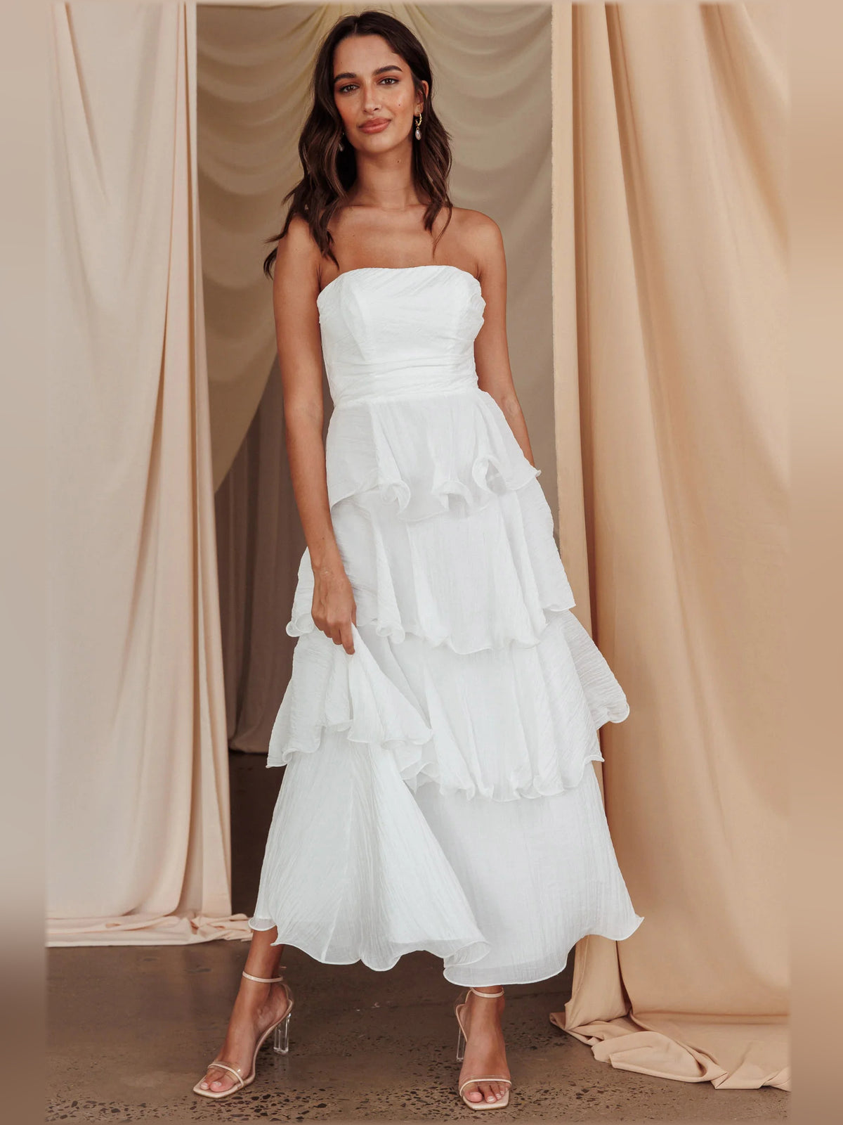 Off White midi formal dress with strapless neckline, alternate view showing the bodice