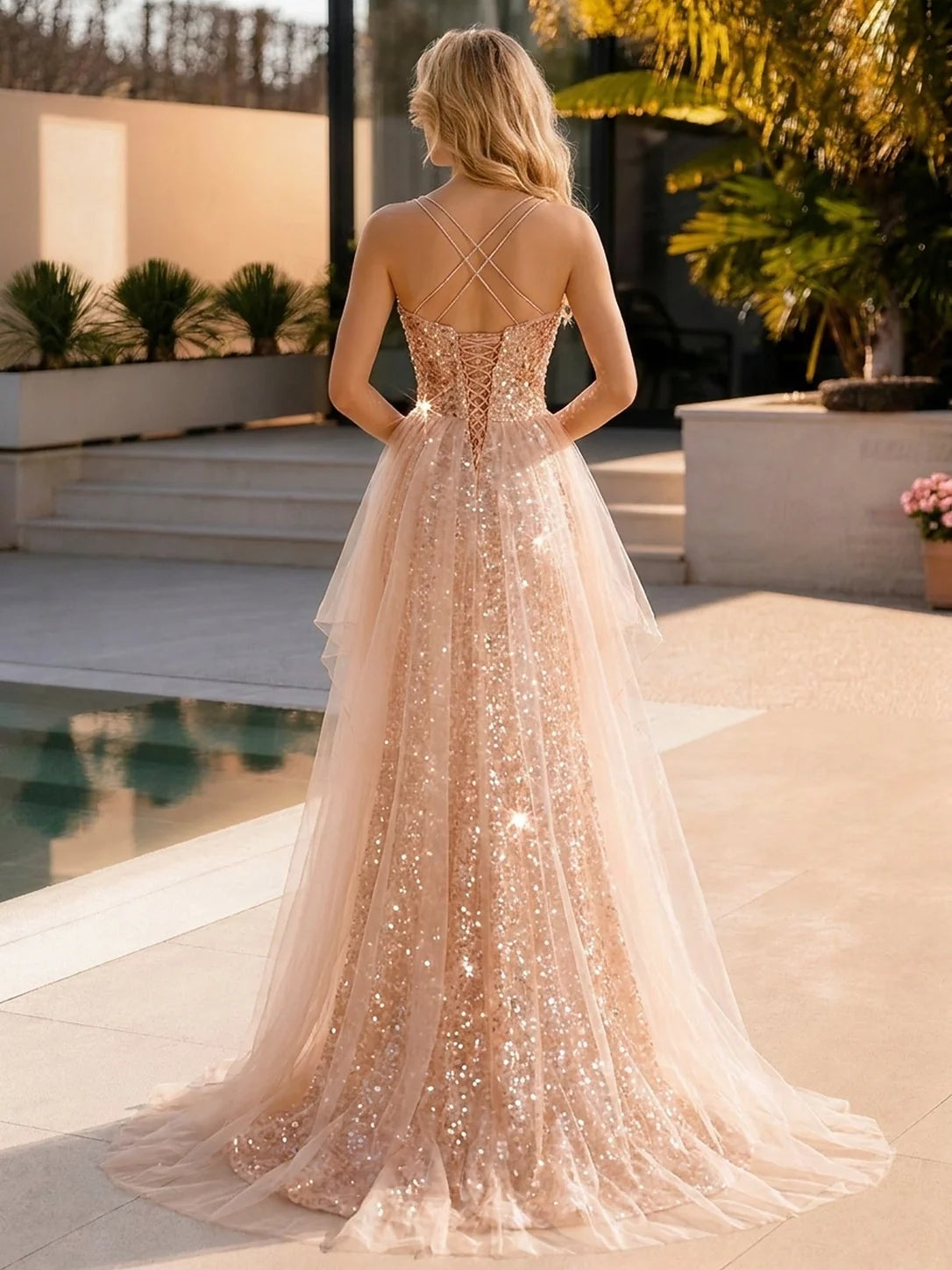 Gold floor-length prom dress, alternate view showing the dress shape and hem