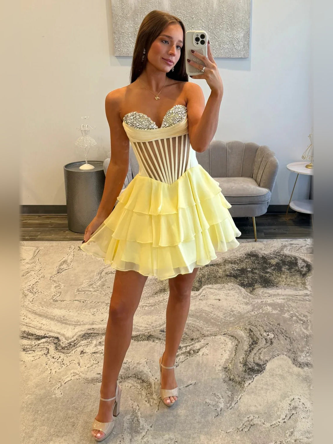 Daffodil short homecoming dress, alternate view showing the dress shape and hem