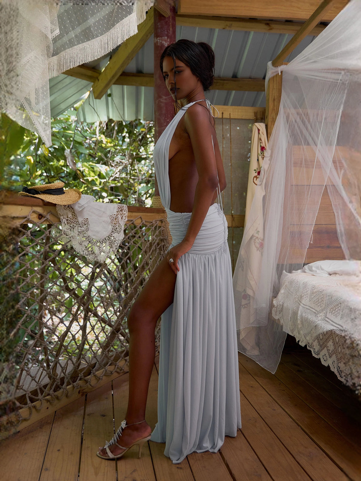Mist Blue maxi prom dress, alternate view showing the dress shape and hem