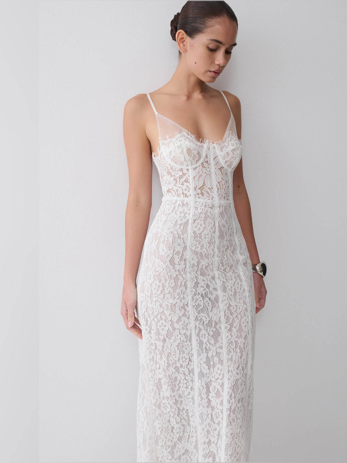 White midi formal dress, alternate view showing the bodice