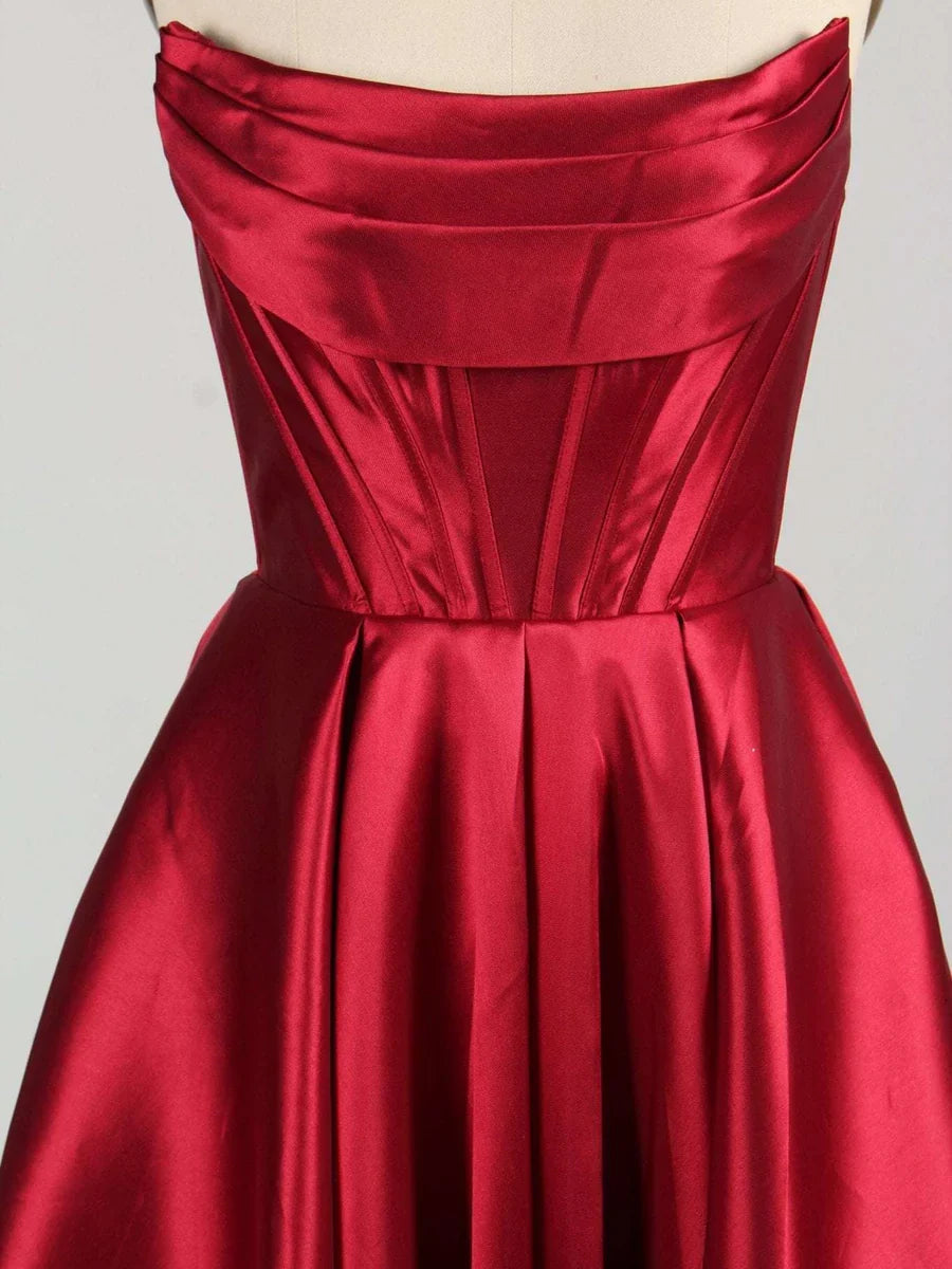 Red a-line floor-length formal dress with corset-style bodice, alternate view