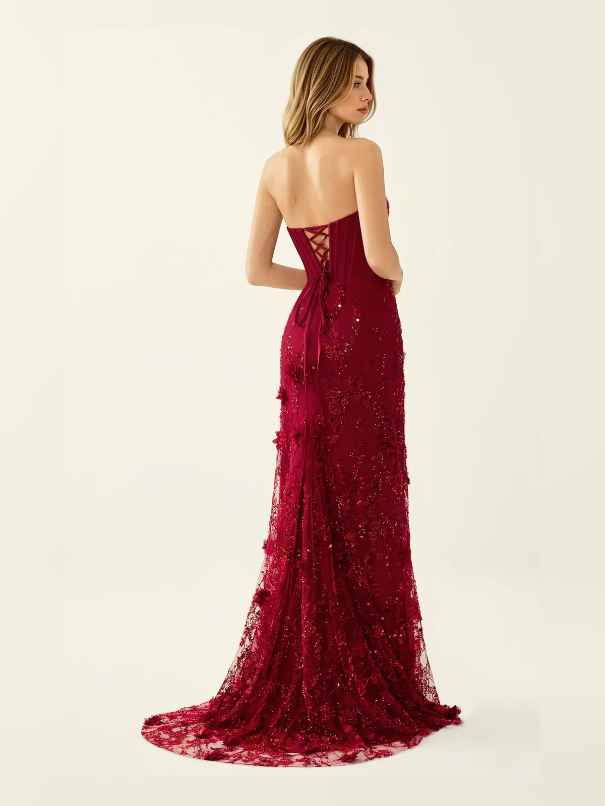 Burgundy maxi prom dress, alternate view showing the dress shape and hem