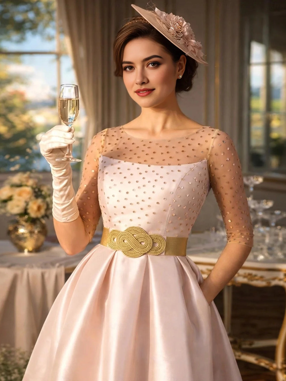 Blush Pink midi prom dress, alternate view showing the dress shape and hem