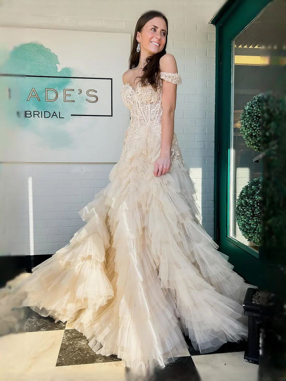 Champagne floor-length prom dress, alternate view showing the dress shape and hem