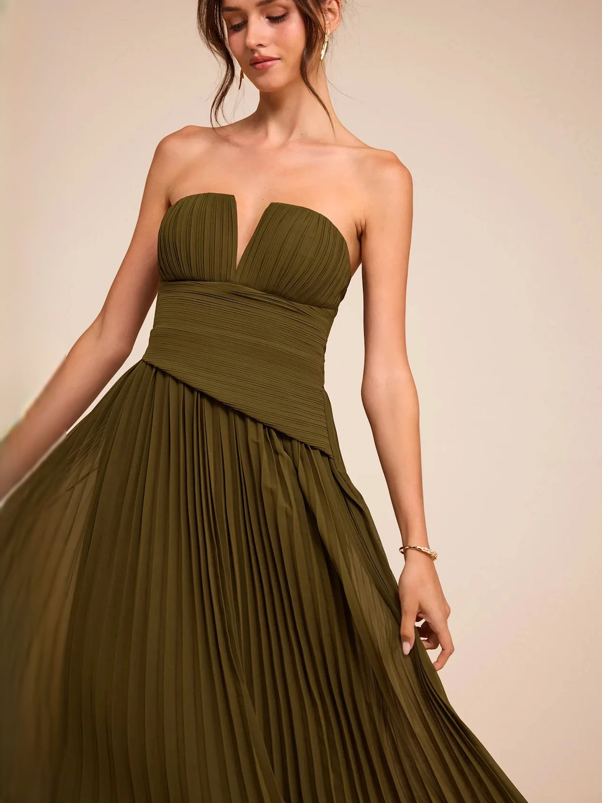 Olive Green maxi bridesmaid dress, alternate view showing the dress shape and hem