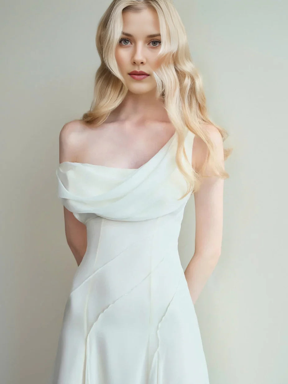 Ivory maxi bridesmaid dress, alternate view showing the dress shape and hem