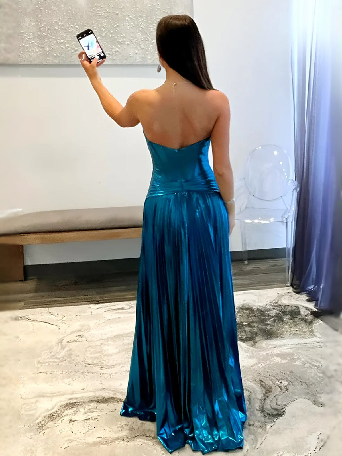 Blue floor-length prom dress, alternate view showing the dress shape and hem