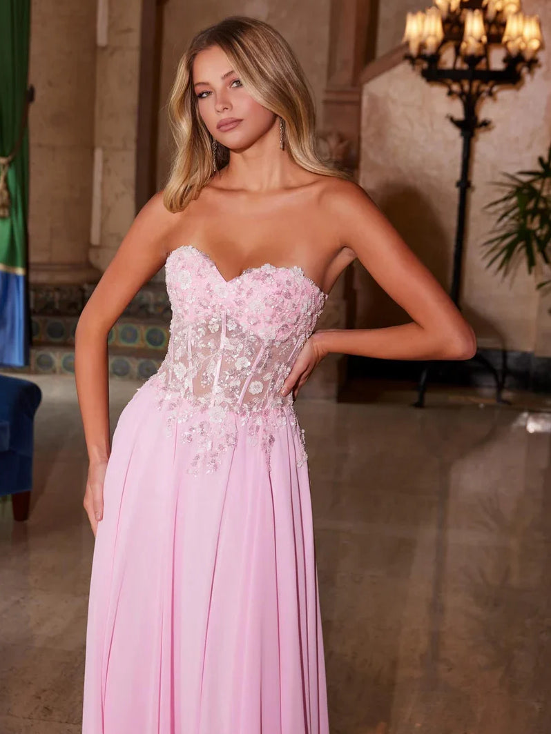 Pink floor-length prom dress, alternate view showing the dress shape and hem