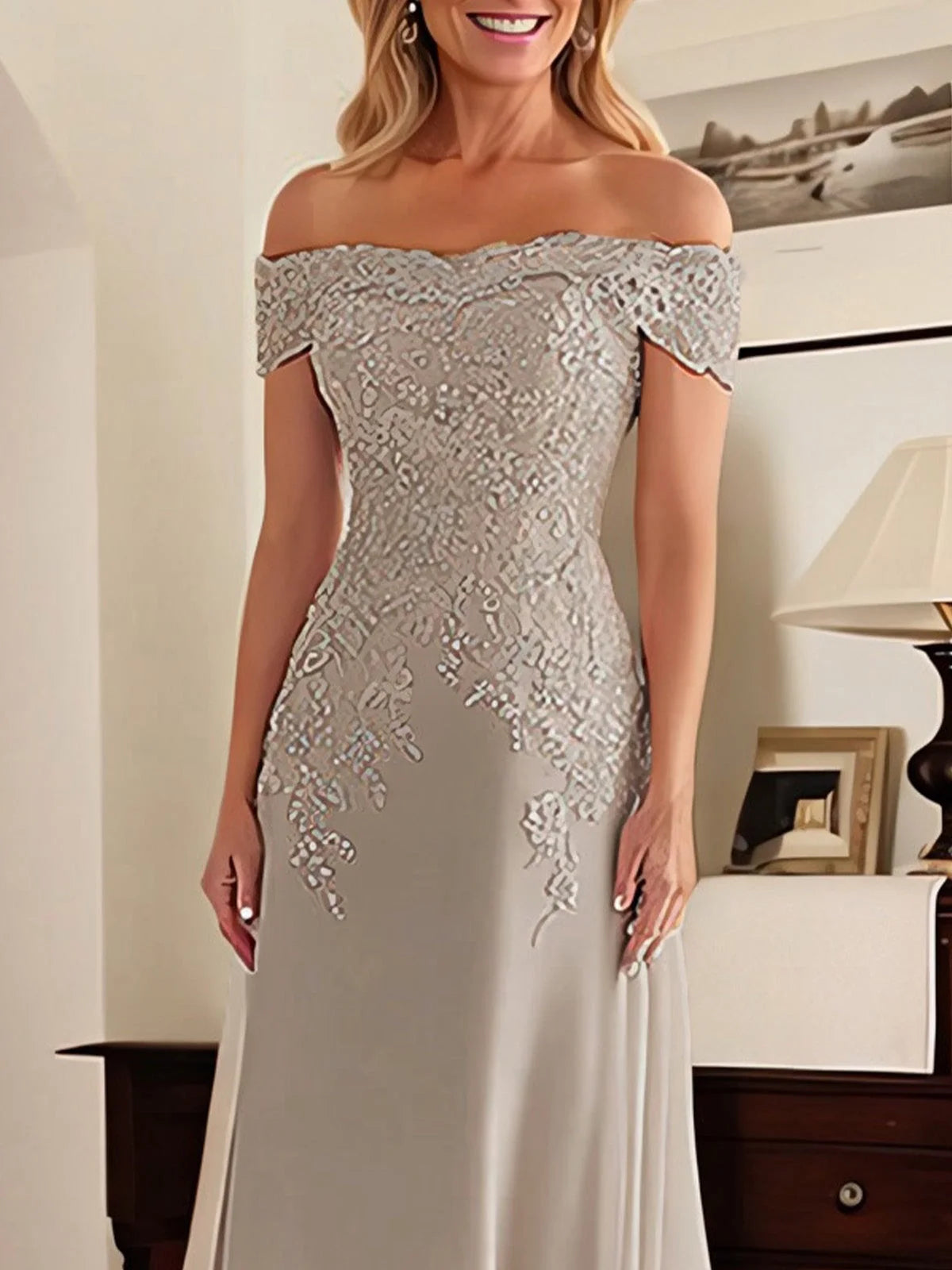 Gray floor-length mother of the bride dress, alternate view showing the dress shape and hem