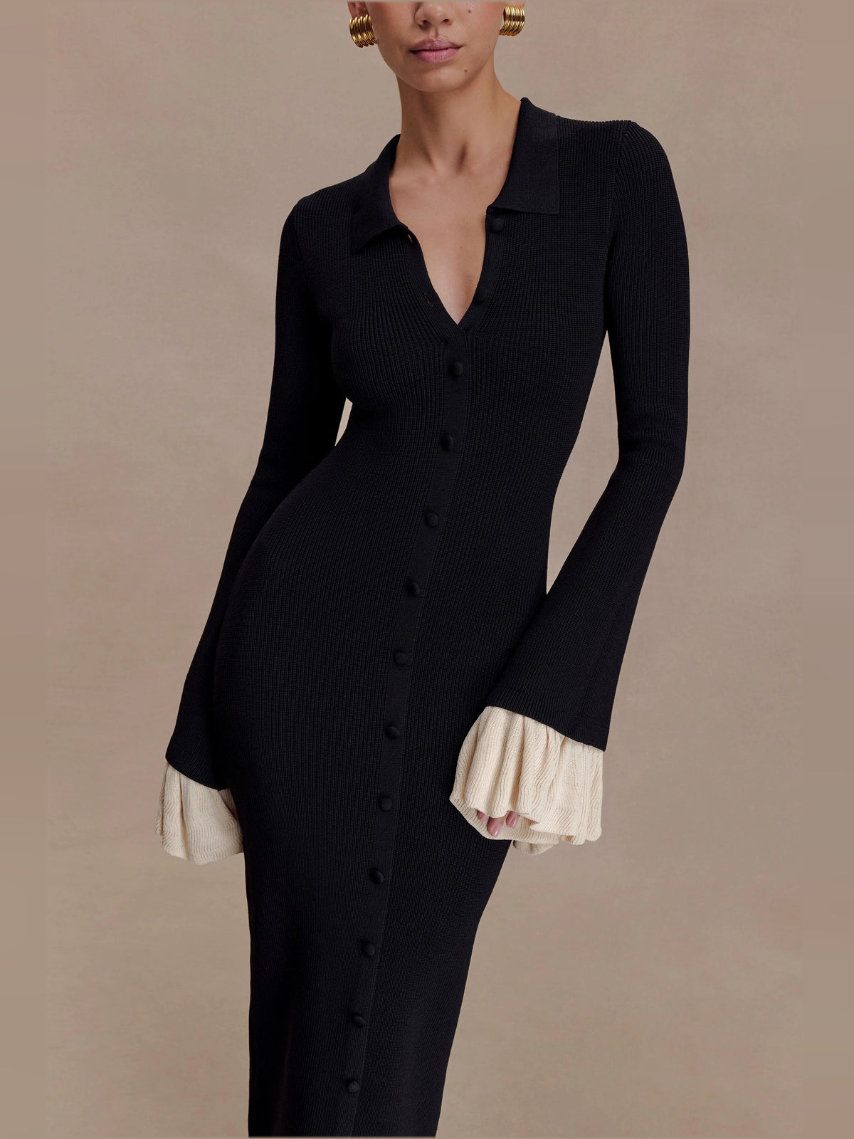 Black midi formal dress with ruffle details, alternate view showing the bodice