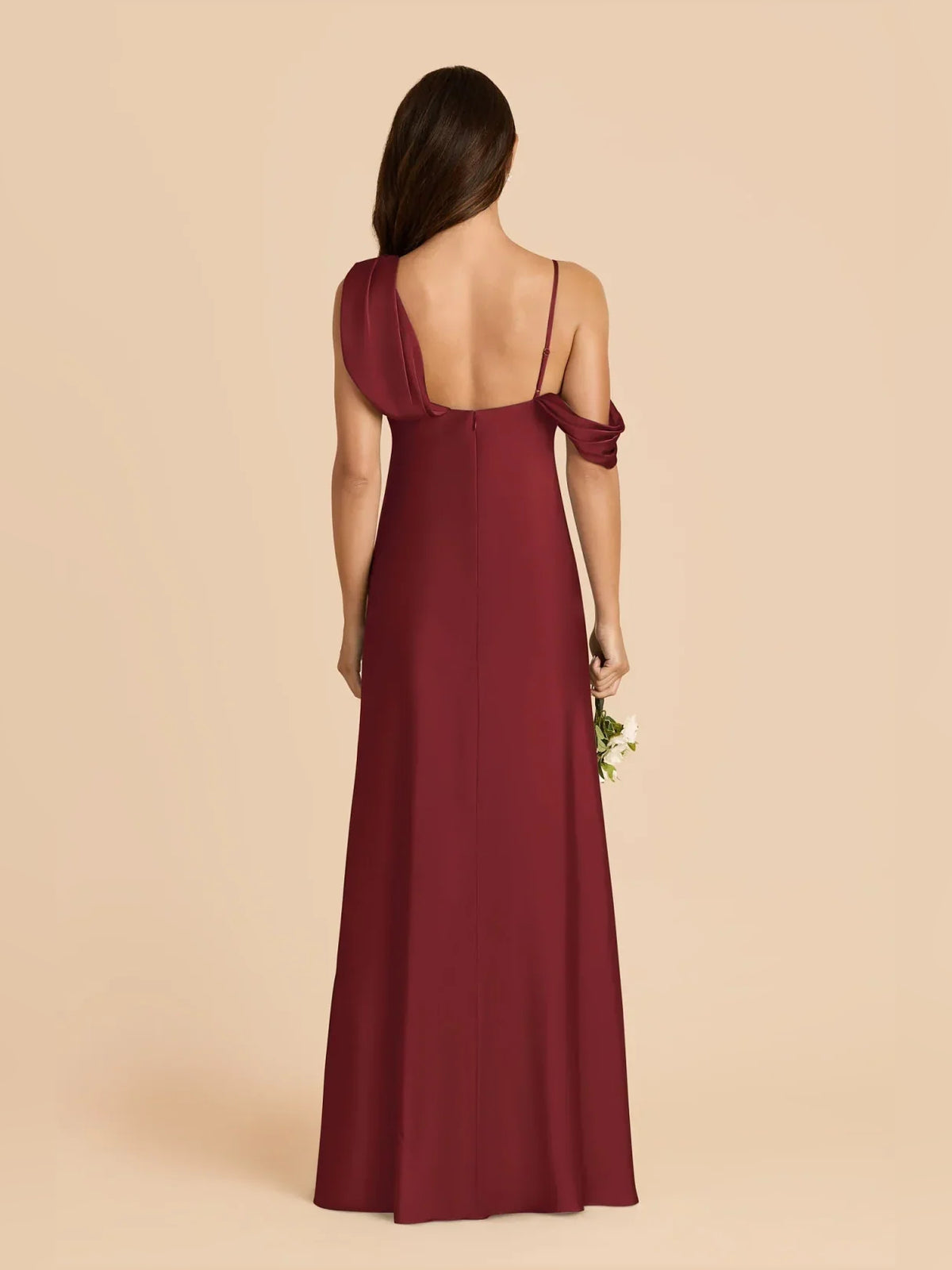 Crimson Red maxi bridesmaid dress, alternate view showing the dress shape and hem
