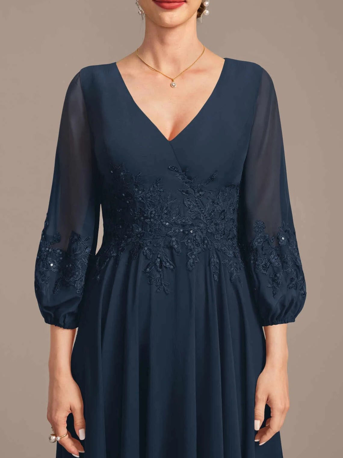 Dark Navy floor-length mother of the bride dress, alternate view showing the dress shape and hem