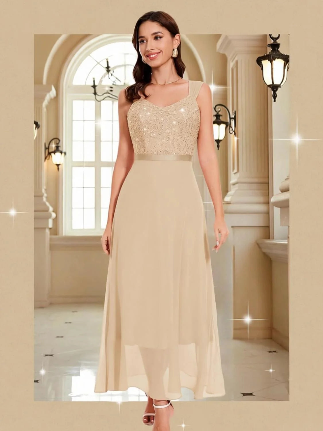 Champagne midi mother of the bride dress, alternate view showing the dress shape and hem