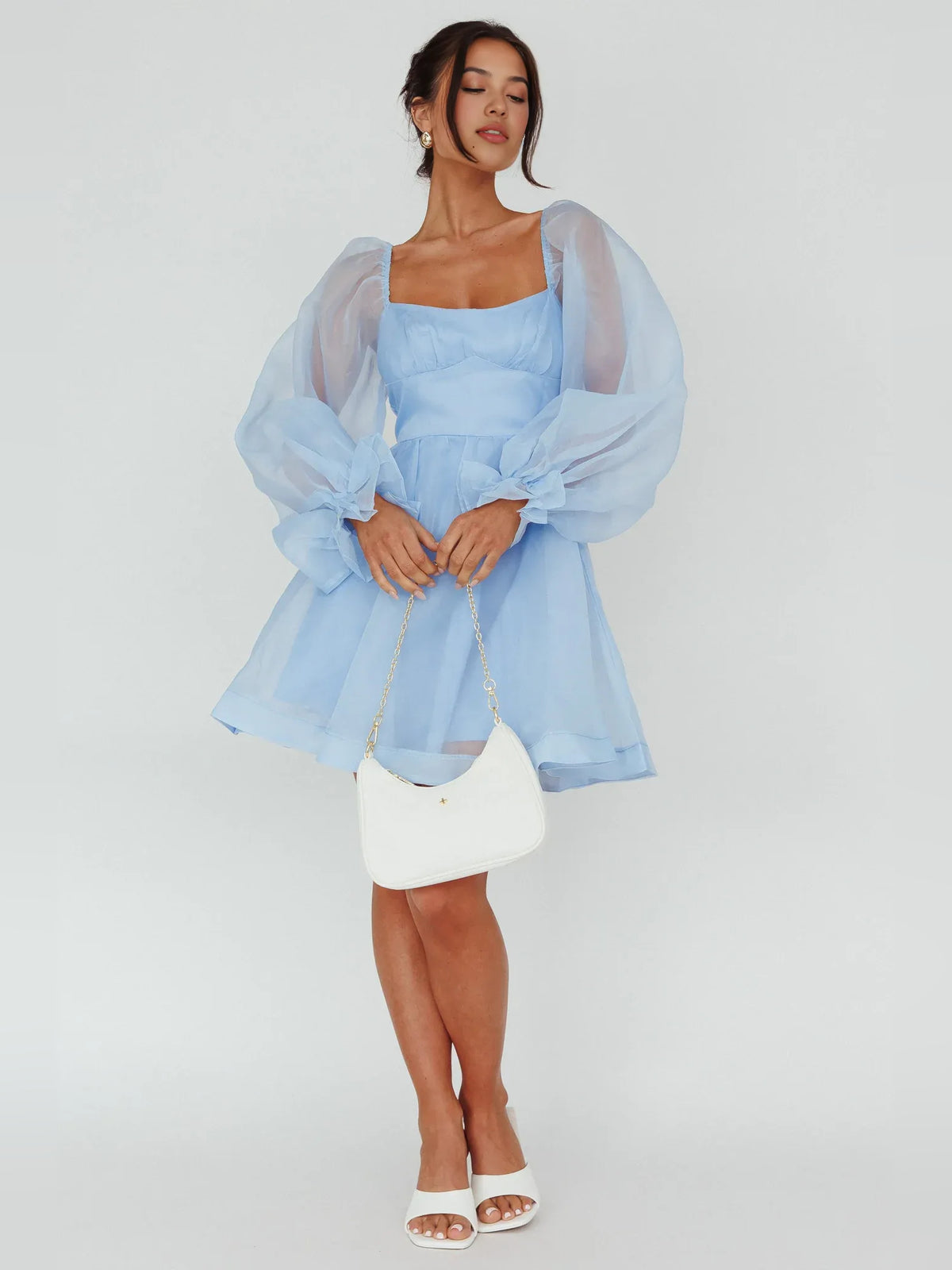 Light Blue mini homecoming dress, alternate view showing the dress shape and hem