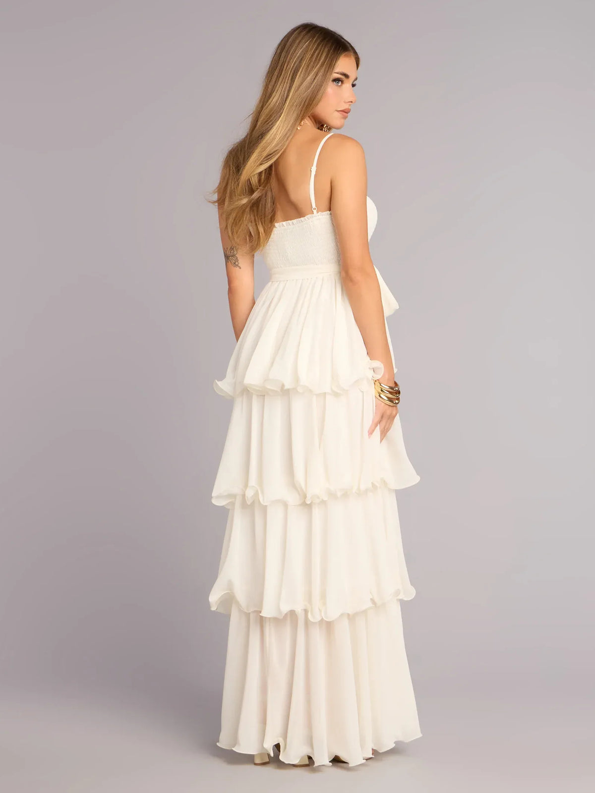 Ivory maxi prom dress, alternate view showing the dress shape and hem