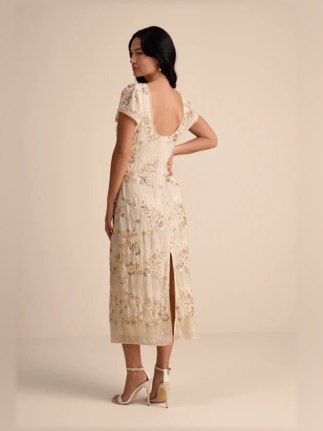 Beige midi formal dress with beading, alternate view