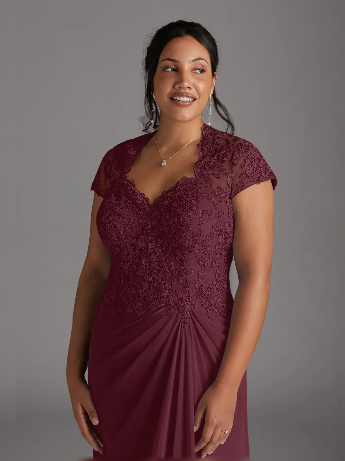 Cabernet maxi mother of the bride dress, alternate view showing the dress shape and hem