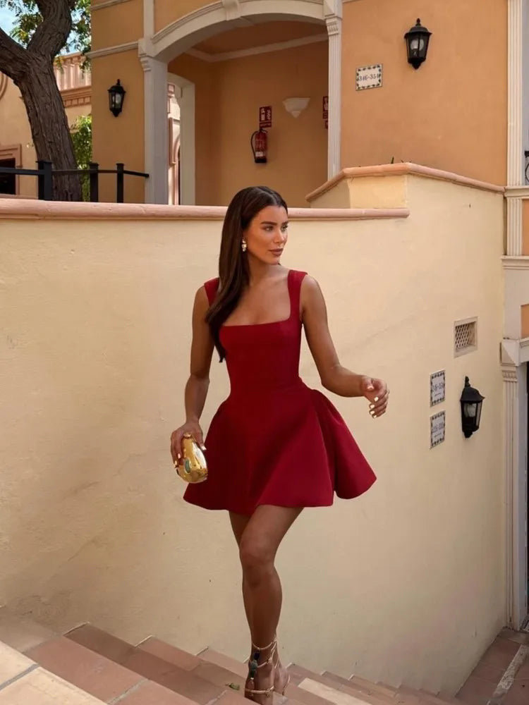 Red mini homecoming dress, alternate view showing the dress shape and hem