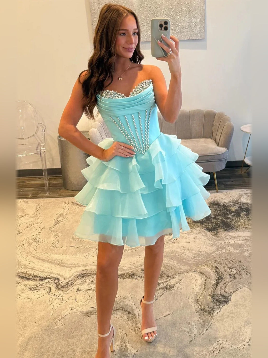 Ice Blue mini homecoming dress, alternate view showing the dress shape and hem