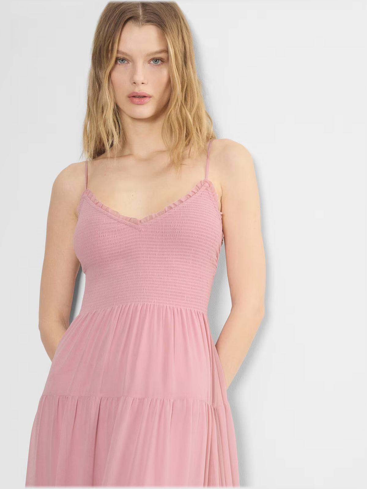 pink midi formal dress with tiered skirt, alternate view showing the bodice