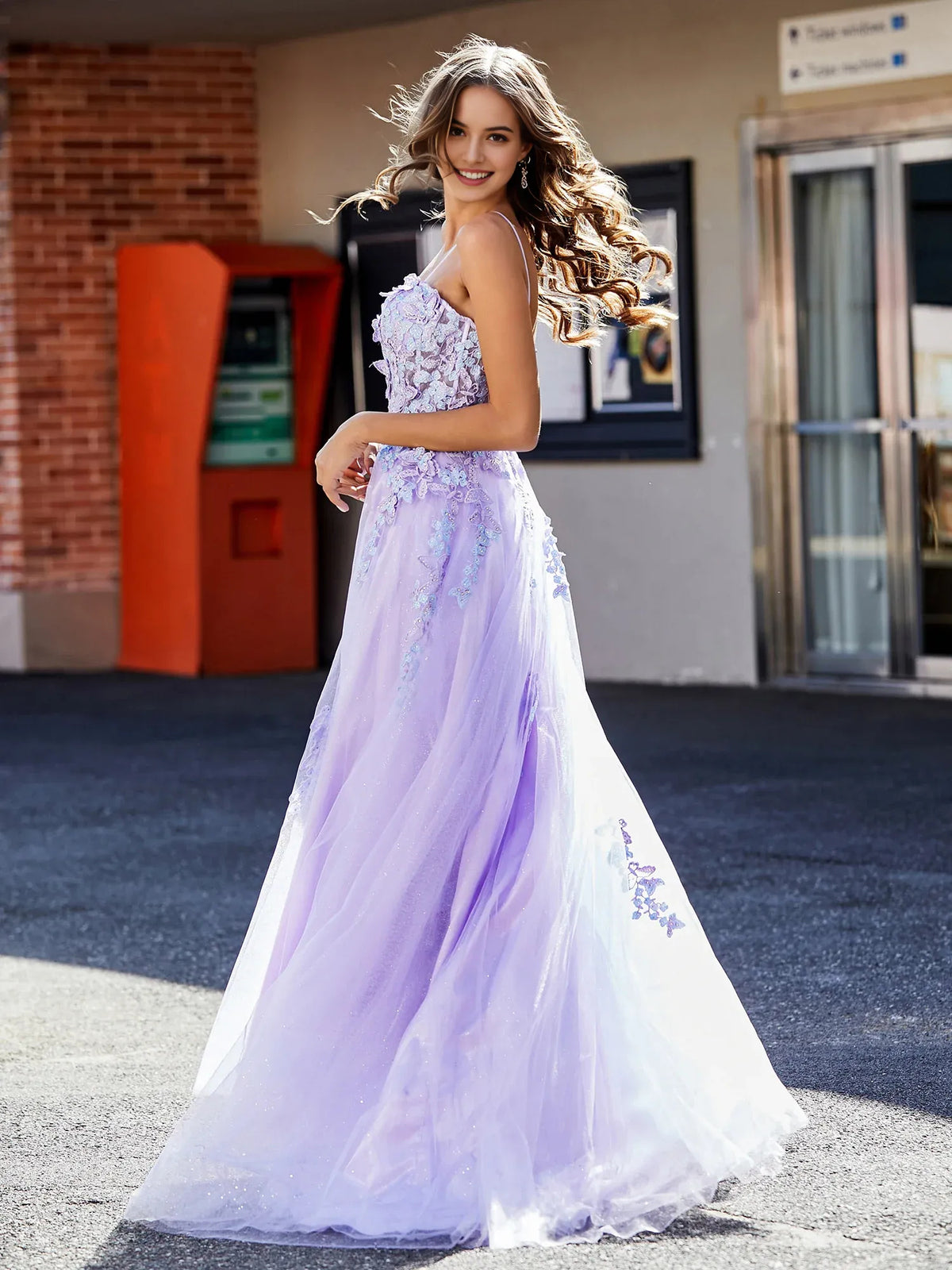 Lilac floor-length prom dress, alternate view showing the dress shape and hem