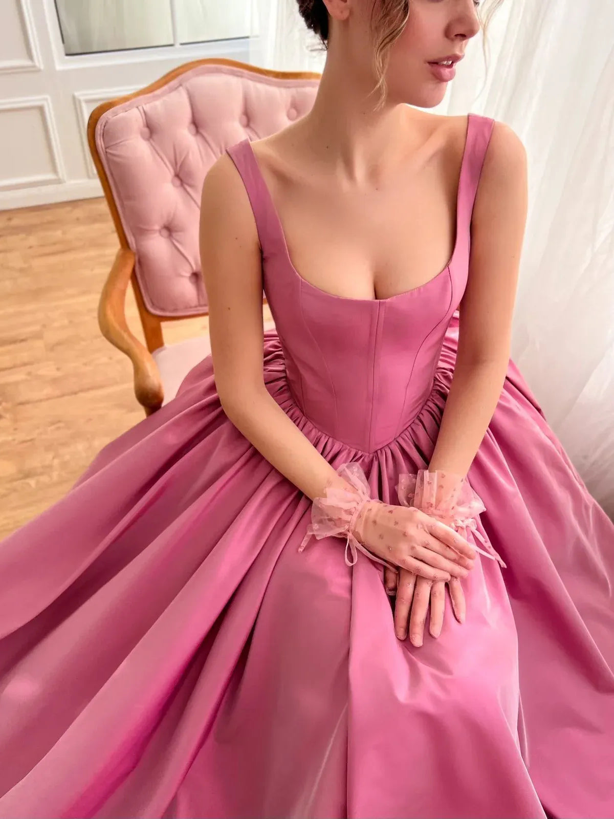 Hot Pink maxi prom dress, alternate view showing the dress shape and hem