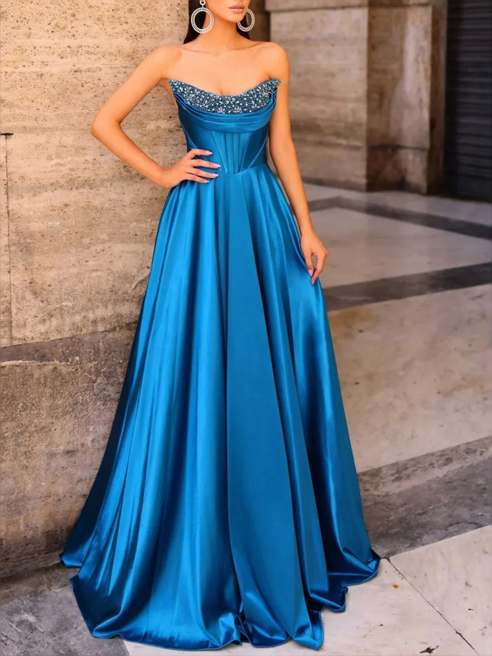 Cobalt Blue maxi prom dress, alternate view showing the dress shape and hem